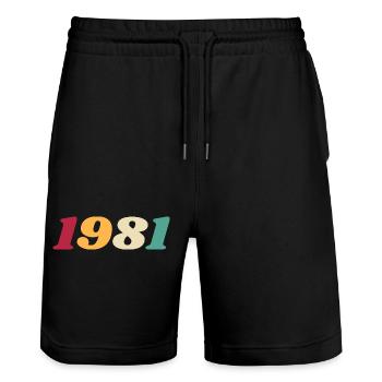 1981 Geschenk 1981 Geburtstag 1981 Rückblick 1981 - Stanley/Stella Unisex Bio Joggingshorts Trainer  - Schwarz - Vorne - Nik (191cm) & Marisol (170cm)