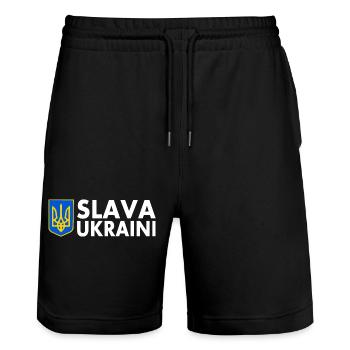 Slava ukraini - Stanley/Stella Trainer Unisex Organic Jogging Shorts - black - Front - Nik (191cm) & Marisol (170cm)
