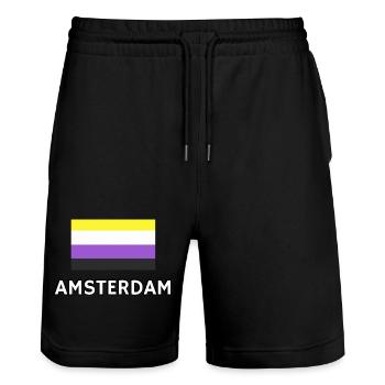 Non binary Pride Flag Amsterdam - Stanley/Stella Trainer Unisex Organic Jogging Shorts - black - Front - Nik (191cm) & Marisol (170cm)