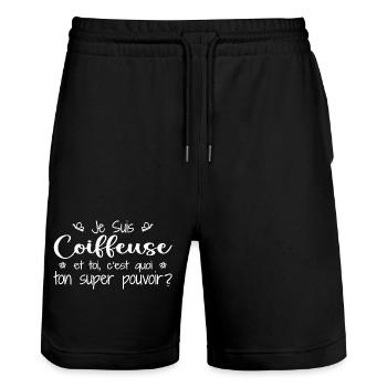 Je suis Coiffeuse. C'est quoi ton super pouvoir ? - Short de jogging bio TRAINER Stanley/Stella unisexe - noir - Devant - Nik (191cm) & Marisol (170cm)