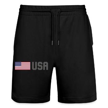 TEAM United States American flag flag in front of font - Stanley/Stella Trainer Unisex Organic Jogging Shorts - black - Front - Nik (191cm) & Marisol (170cm)