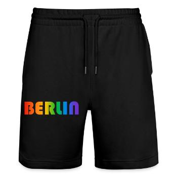 Berliner Regenbogen Text - Stanley/Stella Unisex Bio Joggingshorts Trainer  - Schwarz - Vorne - Nik (191cm) & Marisol (170cm)