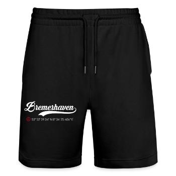 Bremerhaven Koordinaten - Stanley/Stella Unisex Bio Joggingshorts Trainer  - Schwarz - Vorne - Nik (191cm) & Marisol (170cm)
