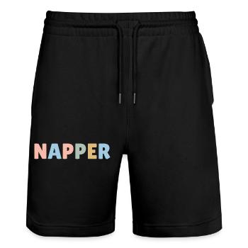 colourful nap slogan, gift for tired parents - Stanley/Stella Trainer Unisex Organic Jogging Shorts - black - Front - Nik (191cm) & Marisol (170cm)