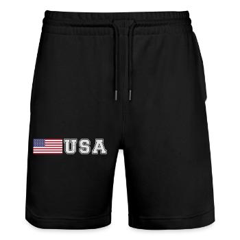 ÉQUIPE États-Unis Drapeau américain devant la police de caractères - Short de jogging bio TRAINER Stanley/Stella unisexe - noir - Devant - Nik (191cm) & Marisol (170cm)