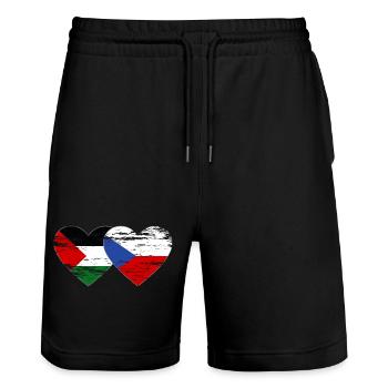 Palestine Czech Republic flag heart used - Stanley/Stella Trainer Unisex Organic Jogging Shorts - black - Front - Nik (191cm) & Marisol (170cm)