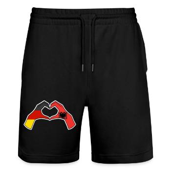 Albanian Albanian Germany Albania - Stanley/Stella Trainer Unisex Organic Jogging Shorts - black - Front - Nik (191cm) & Marisol (170cm)