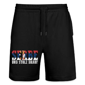 Serbian Serbian Serbia - Stanley/Stella Trainer Unisex Organic Jogging Shorts - black - Front - Nik (191cm) & Marisol (170cm)
