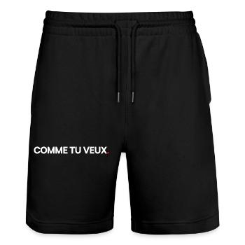 WIE DU WILLST | Minimaler Humorausdruck - Stanley/Stella Unisex Bio Joggingshorts Trainer  - Schwarz - Vorne - Nik (191cm) & Marisol (170cm)