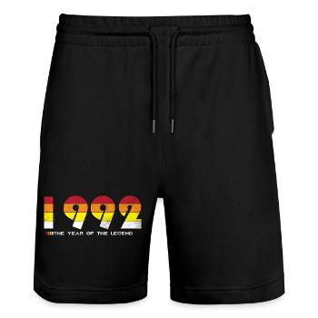 Millésime 1992 - L’année de la légende - Rétro 32 - Short de jogging bio TRAINER Stanley/Stella unisexe - noir - Devant - Nik (191cm) & Marisol (170cm)