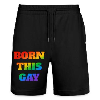 Geboren dieser schwule Regenbogentext - Stanley/Stella Unisex Bio Joggingshorts Trainer  - Schwarz - Vorne - Nik (191cm) & Marisol (170cm)