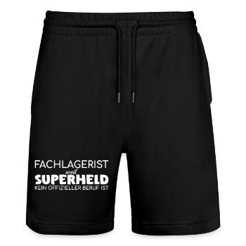 Fachlagerist Superheld - Stanley/Stella Unisex Bio Joggingshorts Trainer  - Schwarz - Vorne - Nik (191cm) & Marisol (170cm)