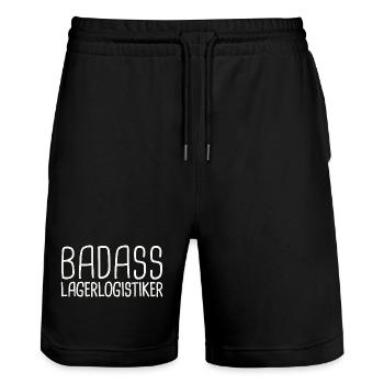 Warehouse logistics company Badass - Stanley/Stella Trainer Unisex Organic Jogging Shorts - black - Front - Nik (191cm) & Marisol (170cm)