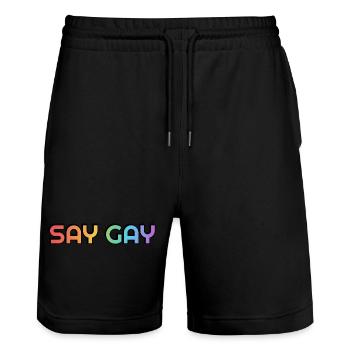 SAY GAY LGBTQ rainbow pride - Stanley/Stella Trainer Unisex Organic Jogging Shorts - black - Front - Nik (191cm) & Marisol (170cm)