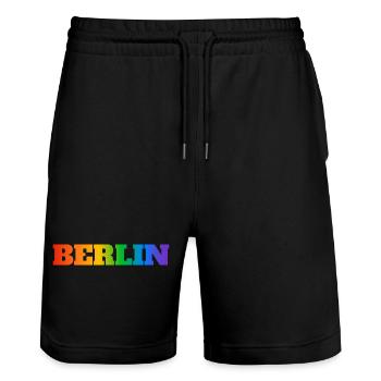 Berlin Rainbow Text - Stanley/Stella Trainer Unisex Organic Jogging Shorts - black - Front - Nik (191cm) & Marisol (170cm)