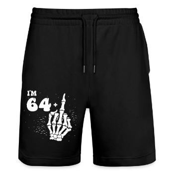 I Am 64 Plus Middle Finger - 65th Birthday - Stanley/Stella Trainer Unisex Organic Jogging Shorts - black - Front - Nik (191cm) & Marisol (170cm)