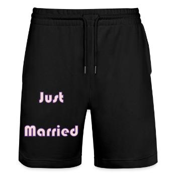 GERADE VERHEIRATET. Junggesellinnenabschied. HEILIGER VALENTINSTAG. PAAR. LIEBE - Stanley/Stella Unisex Bio Joggingshorts Trainer  - Schwarz - Vorne - Nik (191cm) & Marisol (170cm)