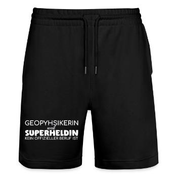 Geophysikerin Superheldin Geophysik - Stanley/Stella Unisex Bio Joggingshorts Trainer  - Schwarz - Vorne - Nik (191cm) & Marisol (170cm)