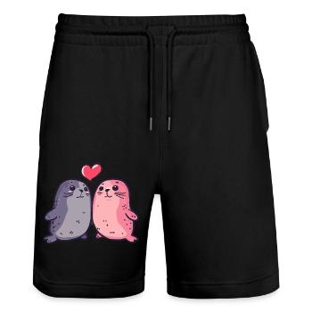 Seal Couple Amour Couple Amoureux - Short de jogging bio TRAINER Stanley/Stella unisexe - noir - Devant - Nik (191cm) & Marisol (170cm)