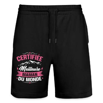 Certifiée meilleure maman du monde - Humour cadeau - Short de jogging bio TRAINER Stanley/Stella unisexe - noir - Devant - Nik (191cm) & Marisol (170cm)