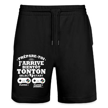 Prépare-toi j'arrive bientôt Tonton Humour Cadeau - Short de jogging bio TRAINER Stanley/Stella unisexe - noir - Devant - Nik (191cm) & Marisol (170cm)