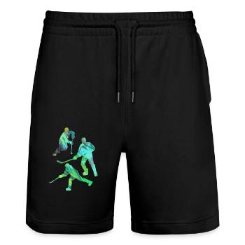 Eishockey, Hockey, Graffiti, bunt, stencil - Stanley/Stella Unisex Bio Joggingshorts Trainer  - Schwarz - Vorne - Nik (191cm) & Marisol (170cm)