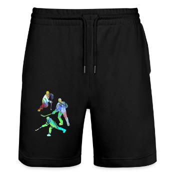 Eishockey, Hockey, Graffiti, bunt, stencil - Stanley/Stella Unisex Bio Joggingshorts Trainer  - Schwarz - Vorne - Nik (191cm) & Marisol (170cm)