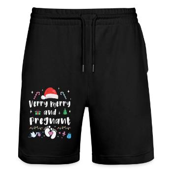 Fröhlich und schwanger an Weihnachten - Stanley/Stella Unisex Bio Joggingshorts Trainer  - Schwarz - Vorne - Nik (191cm) & Marisol (170cm)