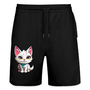 Cute white cat - Stanley/Stella Trainer Unisex Organic Jogging Shorts - black - Front - Nik (191cm) & Marisol (170cm)