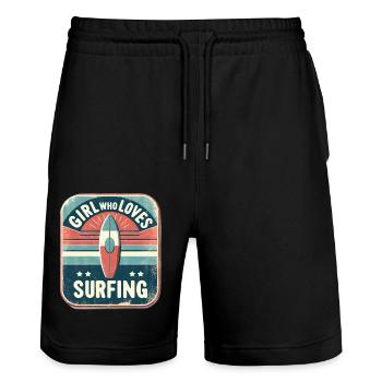 Girl Who Loves Surfing Retro Surfboard - Stanley/Stella Trainer Unisex Organic Jogging Shorts - black - Front - Nik (191cm) & Marisol (170cm)