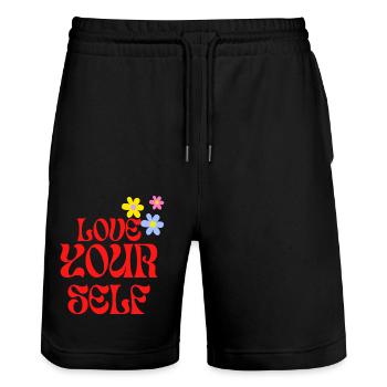 Love you self Retro Design Rot Blumen - Stanley/Stella Unisex Bio Joggingshorts Trainer  - Schwarz - Vorne - Nik (191cm) & Marisol (170cm)