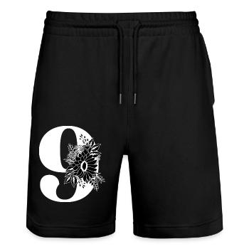Nummer 9 Schwarze Blumen -9. Geburtstag Blumen - Stanley/Stella Unisex Bio Joggingshorts Trainer  - Schwarz - Vorne - Nik (191cm) & Marisol (170cm)