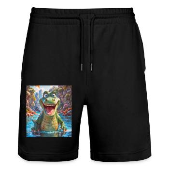 super süßes australisches Tier Down Under Krokodil - Stanley/Stella Unisex Bio Joggingshorts Trainer  - Schwarz - Vorne - Nik (191cm) & Marisol (170cm)