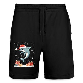 Dolphin with Santa Hat Snowflakes - Stanley/Stella Trainer Unisex Organic Jogging Shorts - black - Front - Nik (191cm) & Marisol (170cm)