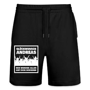 Vorname Andreas - Stanley/Stella Unisex Bio Joggingshorts Trainer  - Schwarz - Vorne - Nik (191cm) & Marisol (170cm)