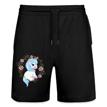 Heureux bébé licorne en couronne florale avec des roses - Short de jogging bio TRAINER Stanley/Stella unisexe - noir - Devant - Nik (191cm) & Marisol (170cm)