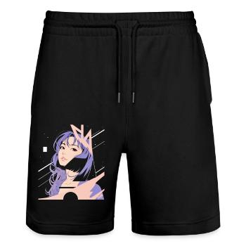 Weltraum-Nostalgie ✨ - Stanley/Stella Unisex Bio Joggingshorts Trainer  - Schwarz - Vorne - Nik (191cm) & Marisol (170cm)