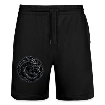 Monochromer Mythos: Schwarzer Drache - Stanley/Stella Unisex Bio Joggingshorts Trainer  - Schwarz - Vorne - Nik (191cm) & Marisol (170cm)