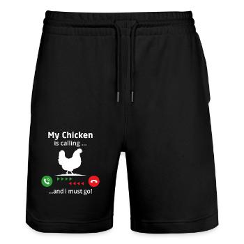 Mon poulet m’appelle et je dois y aller - Short de jogging bio TRAINER Stanley/Stella unisexe - noir - Devant - Nik (191cm) & Marisol (170cm)