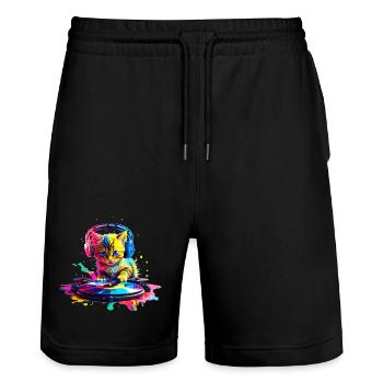 Kätzchen DJ - Regenbogen - Stanley/Stella Unisex Bio Joggingshorts Trainer  - Schwarz - Vorne - Nik (191cm) & Marisol (170cm)