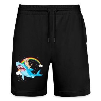 Verspielter Golden Retriever reitet Hai unter Regenbogen - Stanley/Stella Unisex Bio Joggingshorts Trainer  - Schwarz - Vorne - Nik (191cm) & Marisol (170cm)