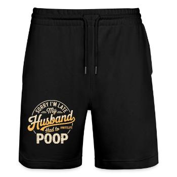 Sorry I'm Late My Husband Had To Poop - Stanley/Stella Unisex Bio Joggingshorts Trainer  - Schwarz - Vorne - Nik (191cm) & Marisol (170cm)
