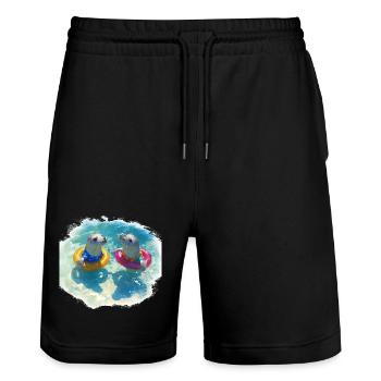 Happy seals with pool tires - Stanley/Stella Trainer Unisex Organic Jogging Shorts - black - Front - Nik (191cm) & Marisol (170cm)