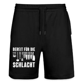 Chefkoch BEREIT FÜR DIE SCHLACHT Lustiges - Stanley/Stella Unisex Bio Joggingshorts Trainer  - Schwarz - Vorne - Nik (191cm) & Marisol (170cm)