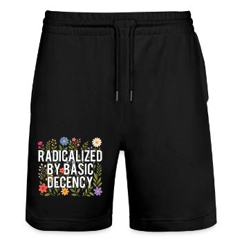 Radikalisierte Grundanständigkeit, Menschenrechte, Freundlichkeit, Freundlichkeit, - Stanley/Stella Unisex Bio Joggingshorts Trainer  - Schwarz - Vorne - Nik (191cm) & Marisol (170cm)
