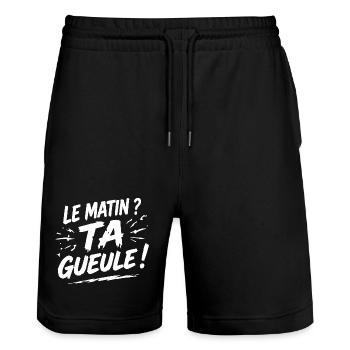 Le matin ? ta gueule ! humour café réveil - Short de jogging bio TRAINER Stanley/Stella unisexe - noir - Devant - Nik (191cm) & Marisol (170cm)