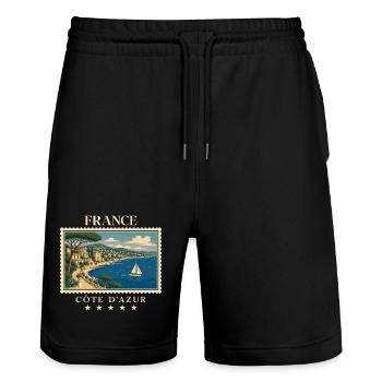 Frankreich Côte d’Azur Vintage Reisemarke - Stanley/Stella Unisex Bio Joggingshorts Trainer  - Schwarz - Vorne - Nik (191cm) & Marisol (170cm)