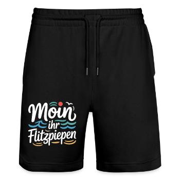 Moin Ihr Flitzpiepen Norddeutsch Hamburg Büro Moin - Stanley/Stella Unisex Bio Joggingshorts Trainer  - Schwarz - Vorne - Nik (191cm) & Marisol (170cm)