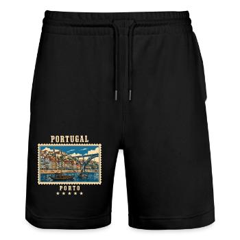 Portugal Porto Vintage Reisemarke - Stanley/Stella Unisex Bio Joggingshorts Trainer  - Schwarz - Vorne - Nik (191cm) & Marisol (170cm)