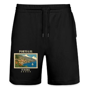 Portugal Funchal Vintage Travel Brand - Stanley/Stella Trainer Unisex Organic Jogging Shorts - black - Front - Nik (191cm) & Marisol (170cm)